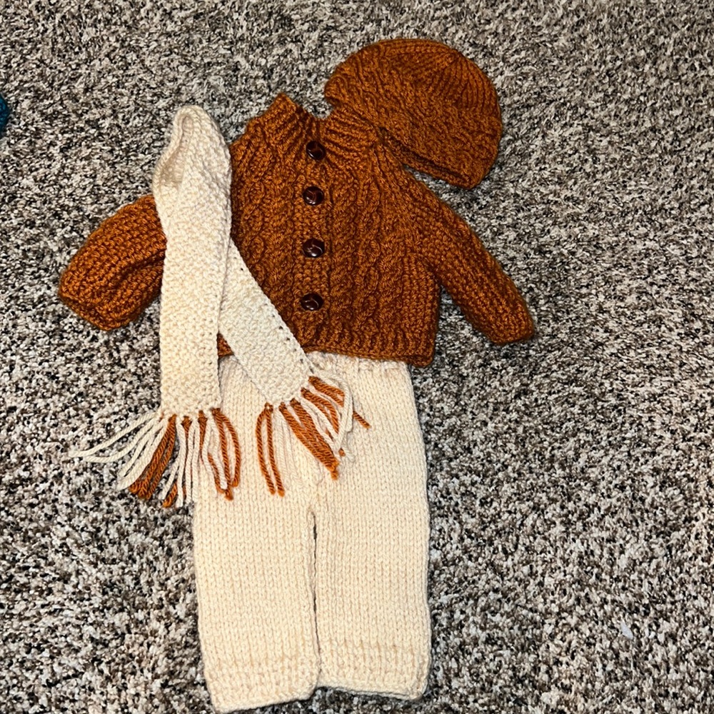 American Girl 18” outfit hand made hand knit by local gal cardigan cable TRENDY